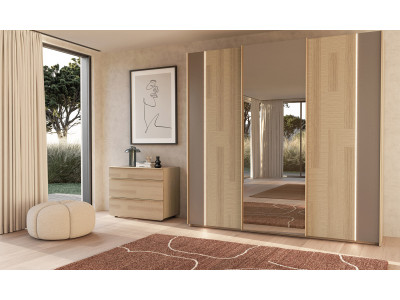 Majestic - Armoire 2 portes bois et 1 porte miroir coulissantes 