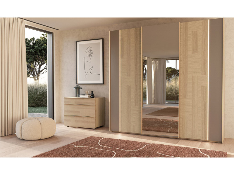 Majestic - Armoire 2 portes bois et 1 porte miroir coulissantes 
